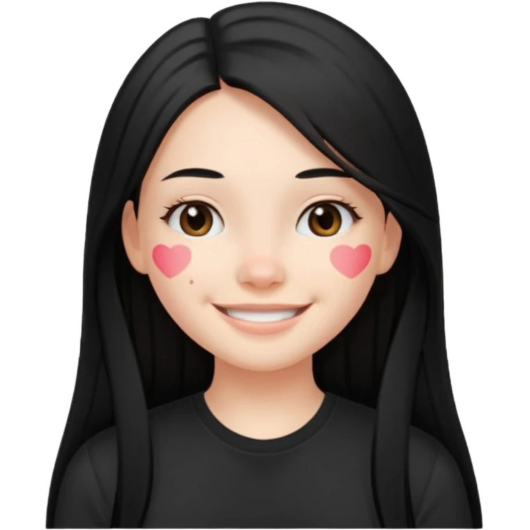 a pretty bratz fair girl with straight long black hair, wearing a black tshirt, smiling emoji