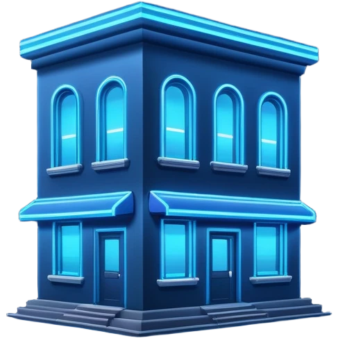 a blue neon sign on a nighttime building emoji