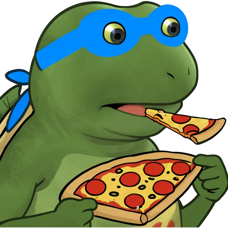 ninja turtle wearing blue eye mask with pizza emoji