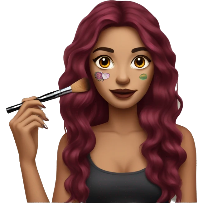 Beautiful tattooed burgundy long haired woman doing her makeup emoji