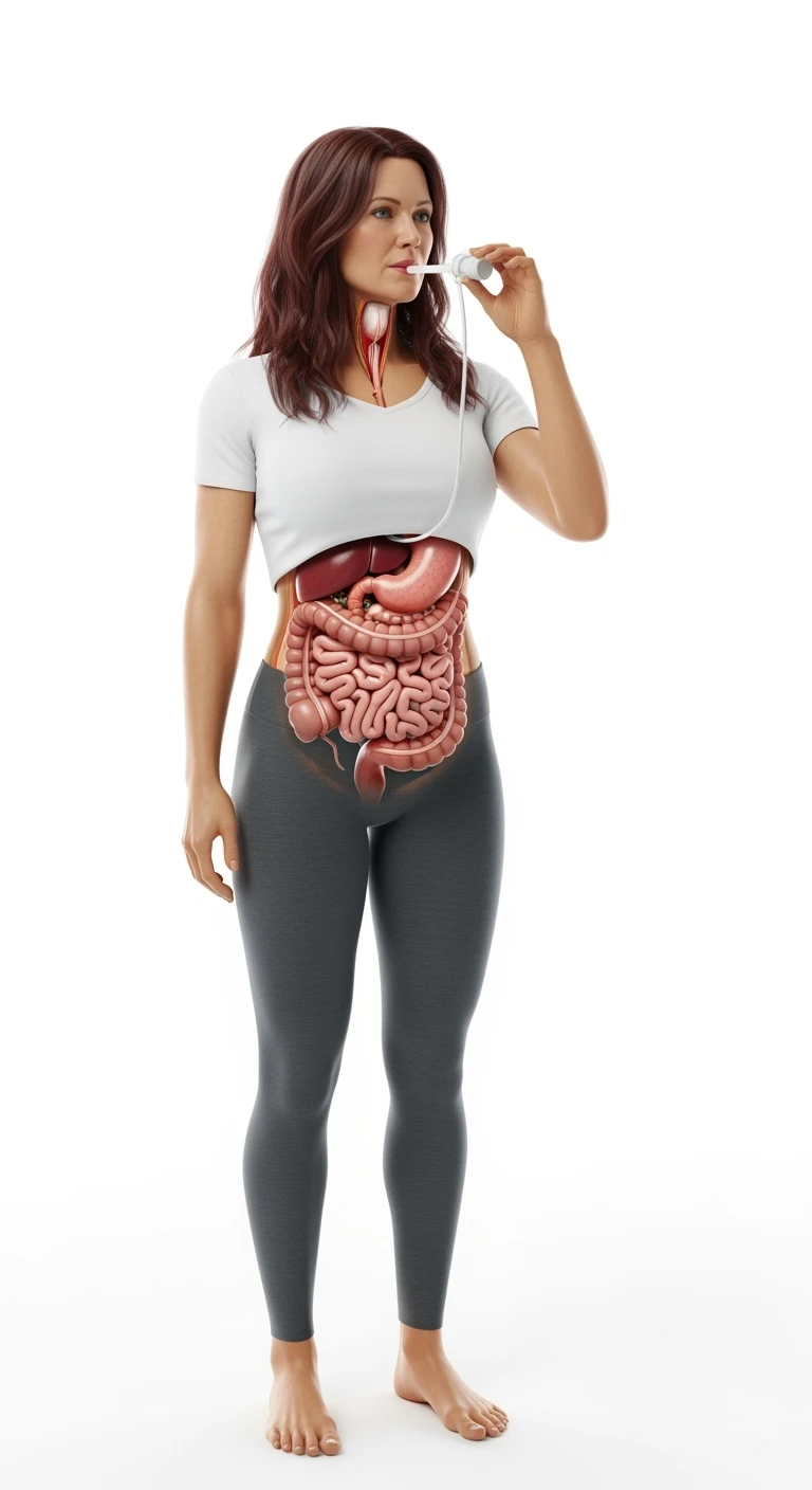 donna a figura intera con intestino anatomico realistico in evidenza che fa il "Breath test", iperrealistica 4k, sfondo bianco emoji