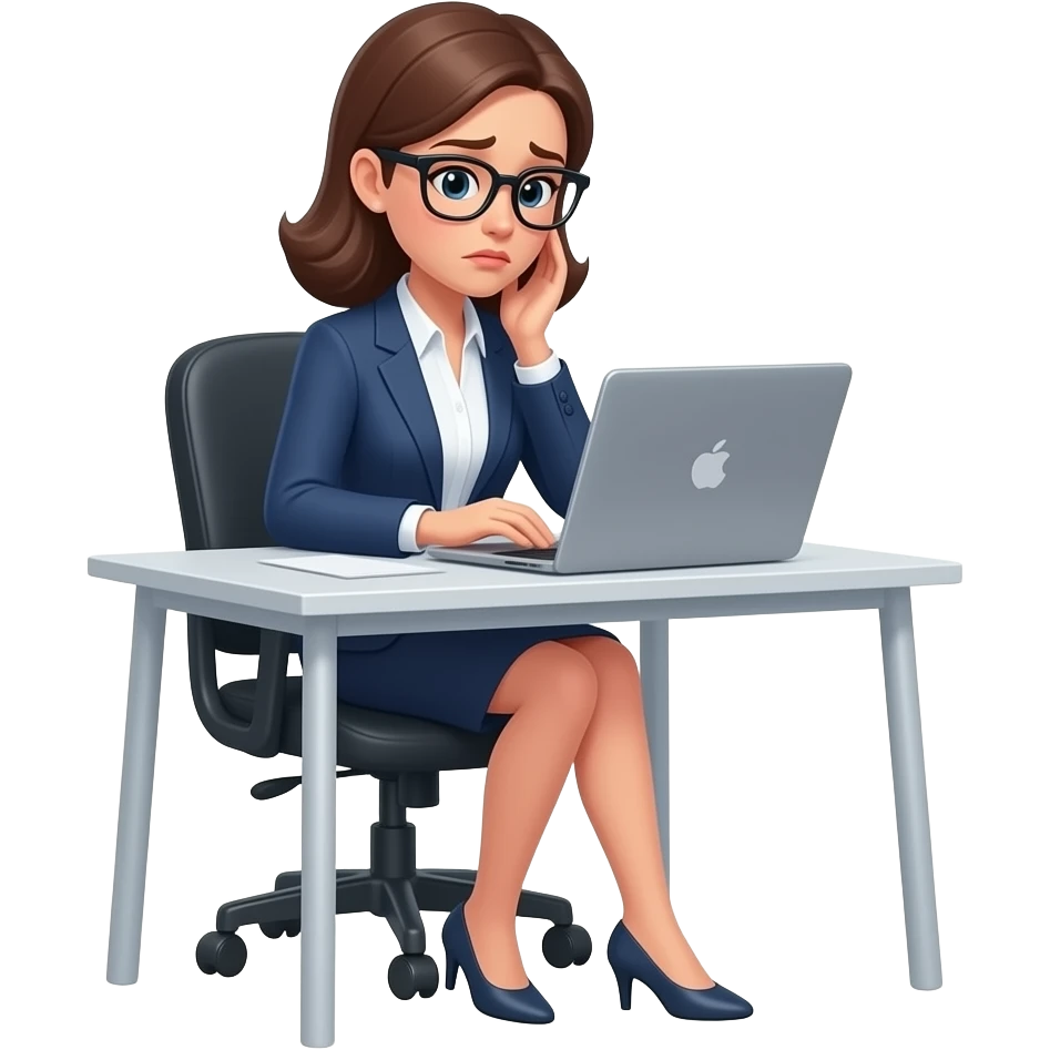 Mujer profesional,con anteojos,usando laptop,exausta emoji