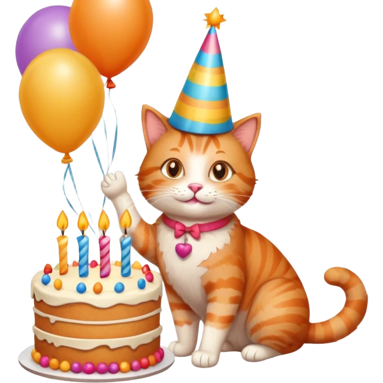 Ginger cat celebrates birthday, birthday hat, birthday cake, balloons, happy emoji