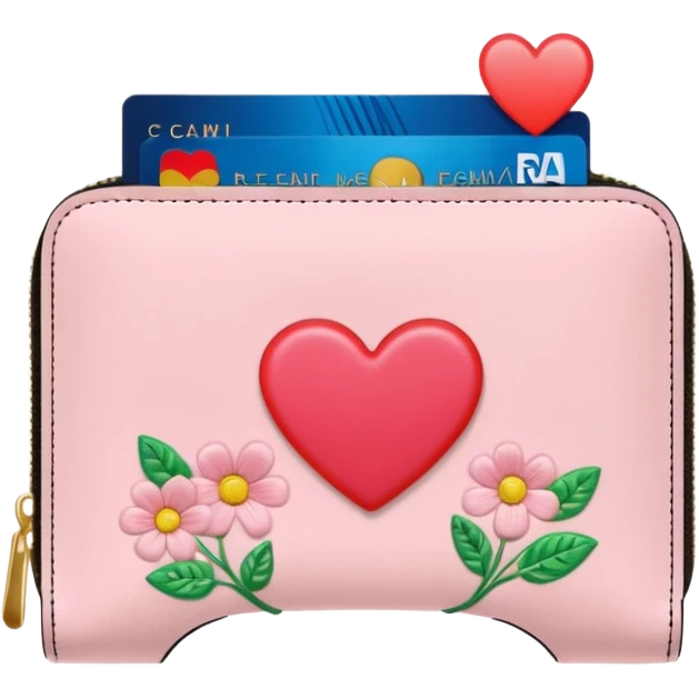 Pale Pink cute Wallet with heart charm, credit cards inside and flowers growing embroidered on it, clean aesthetic, letter R charm on it emoji