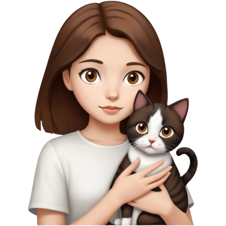 Garota de olhos e cabelos castanhos segurando um gato preto e branco emoji