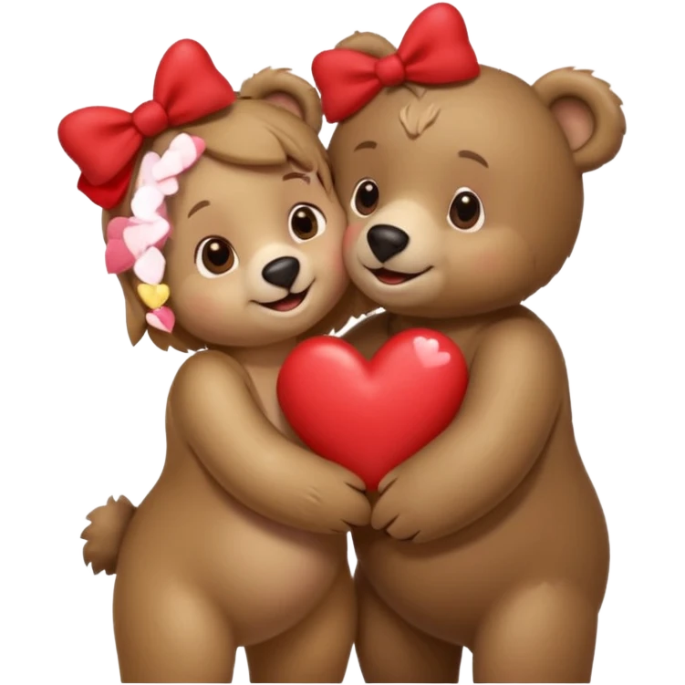 female bear with bow on her head and male bear hugging, couple, surrounded by hearts, playful and loving, cute, same height  emoji