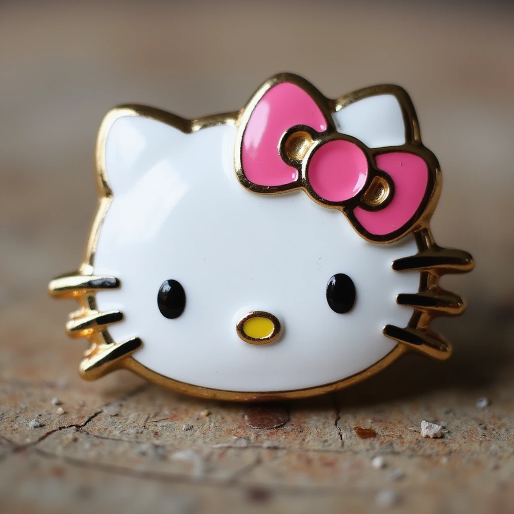 realistic Hello Kitty hair pin shaped like Hello Kitty's face with a pink bow, shiny enamel and metal, photographed on a white background emoji