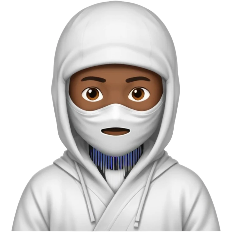 All white ninja robe with no black with white ski mask to cover face and neck with a hoodie on and dark brown skin color emoji