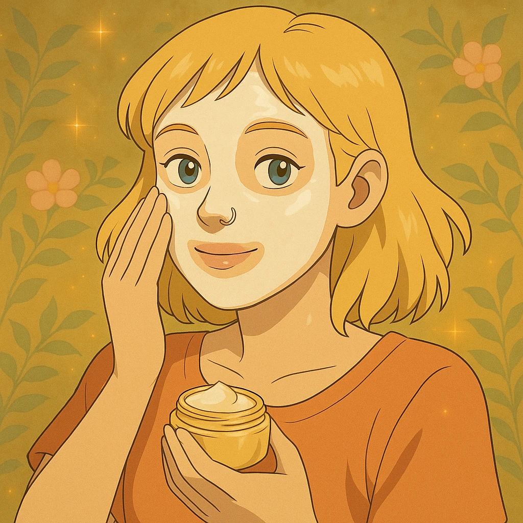 Add a skincare facial mask on the blonde woman with a nose piercing, keep the ghibli style. emoji