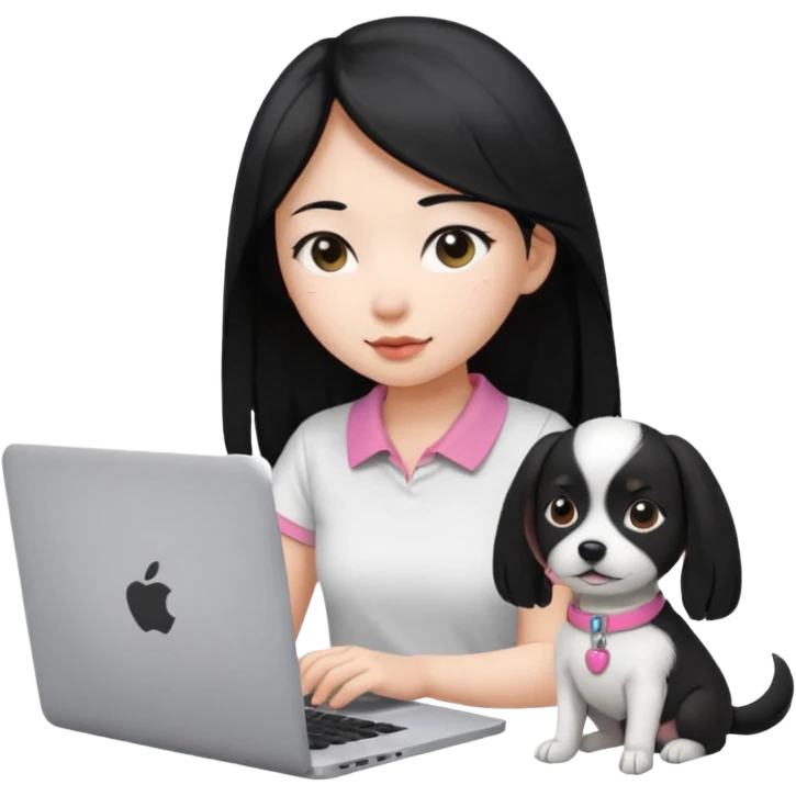 Blue back ground, Asian girl with long black hair , wearing a white t-shirt, working on an Apple laptop, next to her is a small black and white dog with pink collar on  emoji