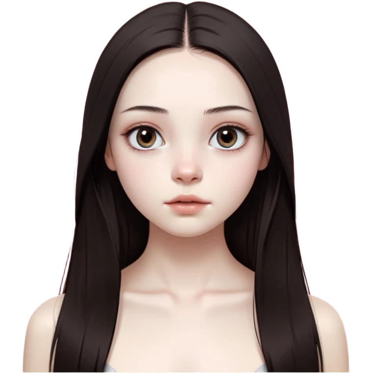 girl with white skin, dark brown long realistic straight hair with middle part prominently falling in front of her body over her shoulders, natural lips with absolutely no cupid's bow and no lip gloss or makeup, big round eyes with very black shiny eyeballs and natural eyelashes, no makeup whatsoever on face, no blush, no eyeshadow, completely bare face, lighter button nose, exceptionally elongated very long oval-shaped face, wearing a pink off-shoulder top, looking directly at camera with hands down at sides emoji
