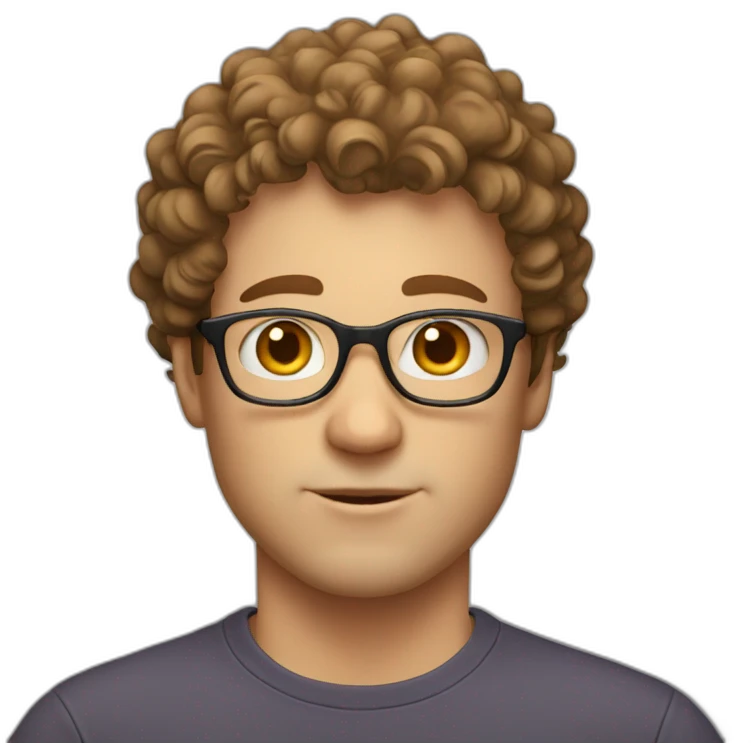 white man with short brown curly hair wearing dorky tshirt emoji