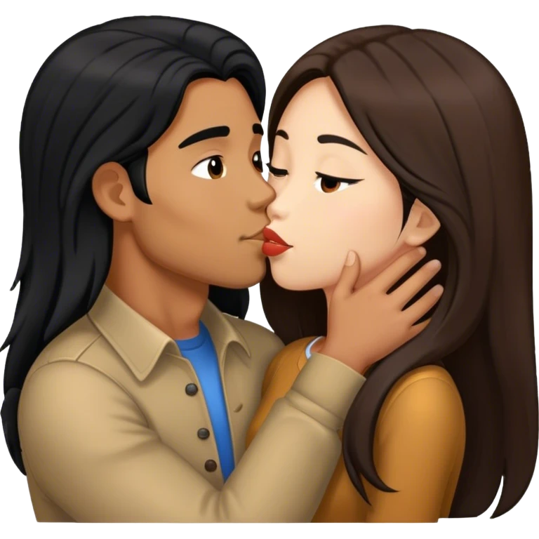 Caramel brown Guy with long black hair kissing brown hair Filipina emoji