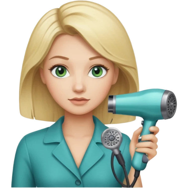 Blonde bob girl hair stylist with blue green eyes holding a hair dryer emoji