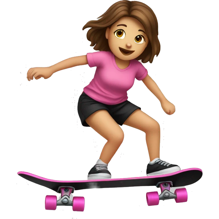 little girl with brown hair, pink shirt and black shorts skateboarding in miniramp emoji