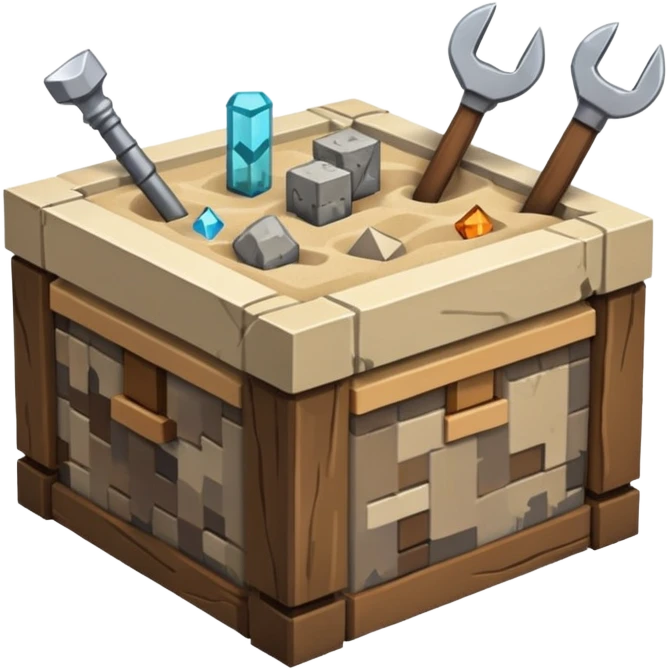 crafting table with tools, stone, wood, glass, sand, ... like a minecraft style cube crafting table  emoji