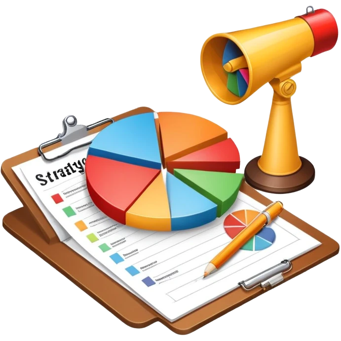 An icon featuring a pie chart, a megaphone, and a clipboard with strategy plans, symbolizing management and marketing. The design includes upward-trending graphs set against a modern office backdrop. Transparent background emphasizes business strategy and communication. emoji