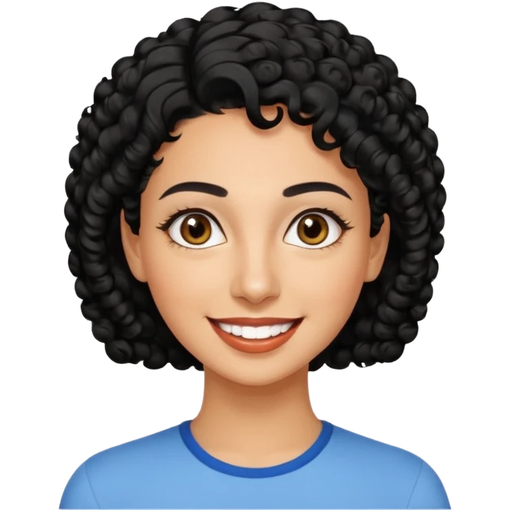 30 year old iranian woman very short curly black hair, big brown eyes, tanned skin, big smile, white teeth, pretty, stylish, shorter hair, boy cut hair emoji