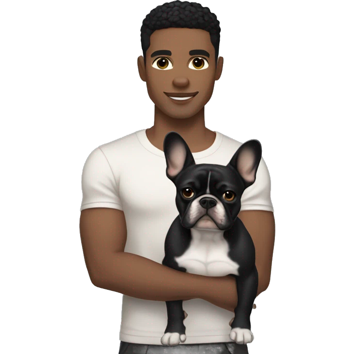 athletic light skin male with short black hair holding a brindle colored french bulldog emoji