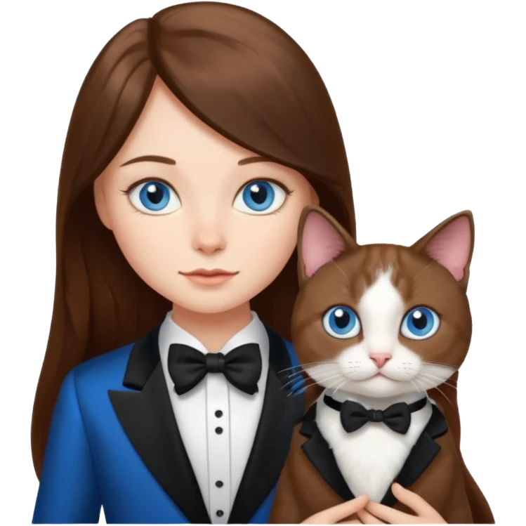 Long brown hair blue eye girl holding a tuxedo cat emoji
