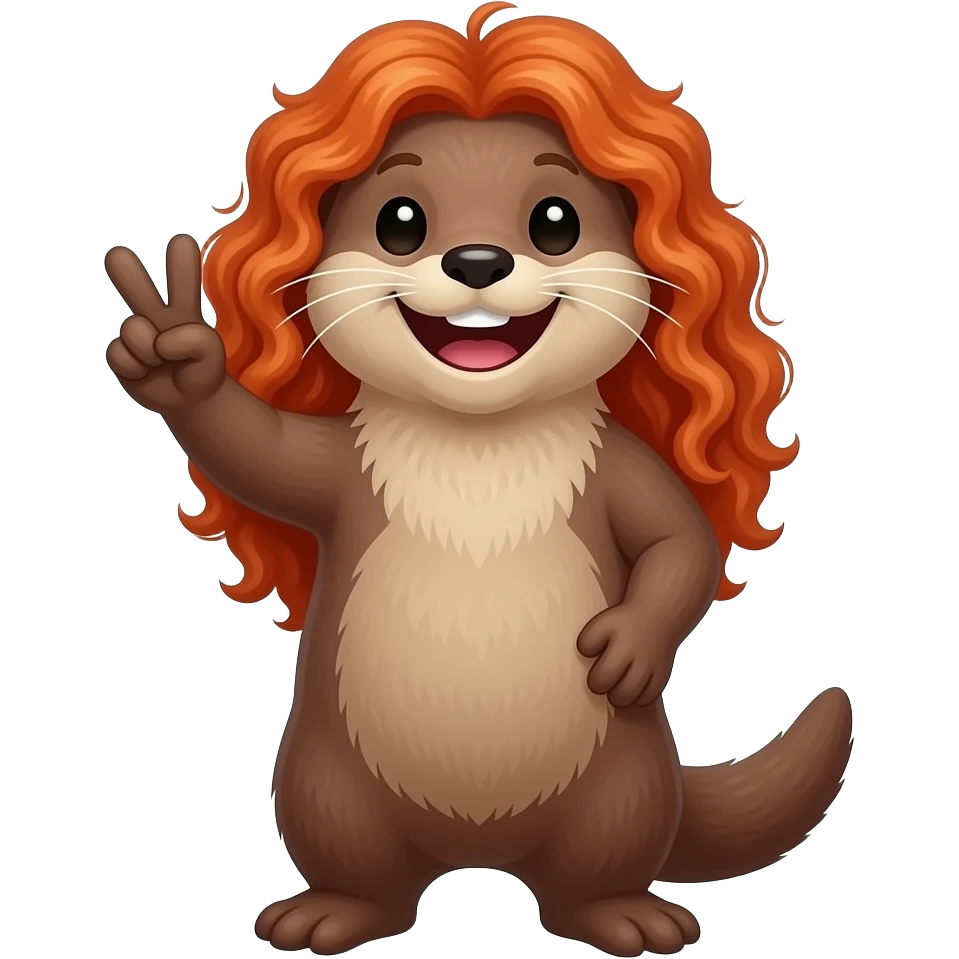River otter with long curly red hair smiling wide holding up peace sign emoji