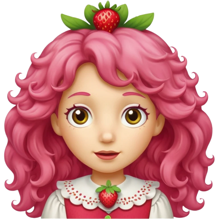 strawberry shortcake the character but with wild eyes and frizzy hair to mimic an insane person emoji