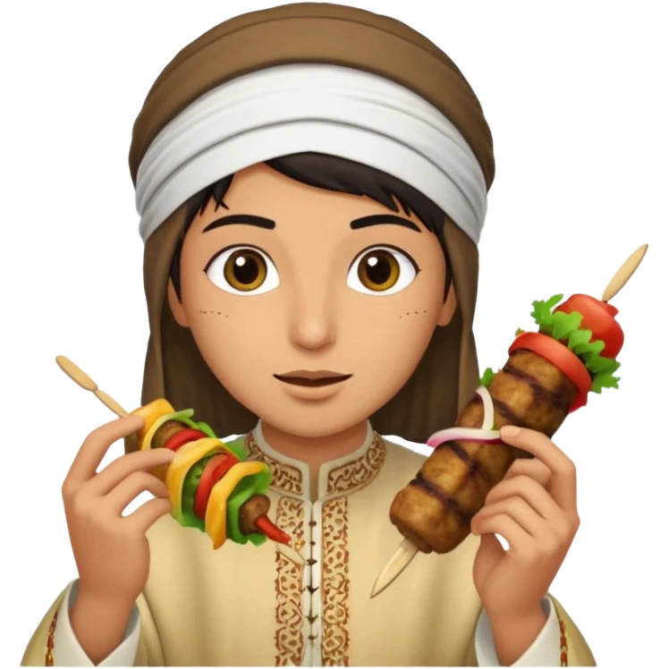 young Lebanese person in traditional arabic outfit eating kebab emoji