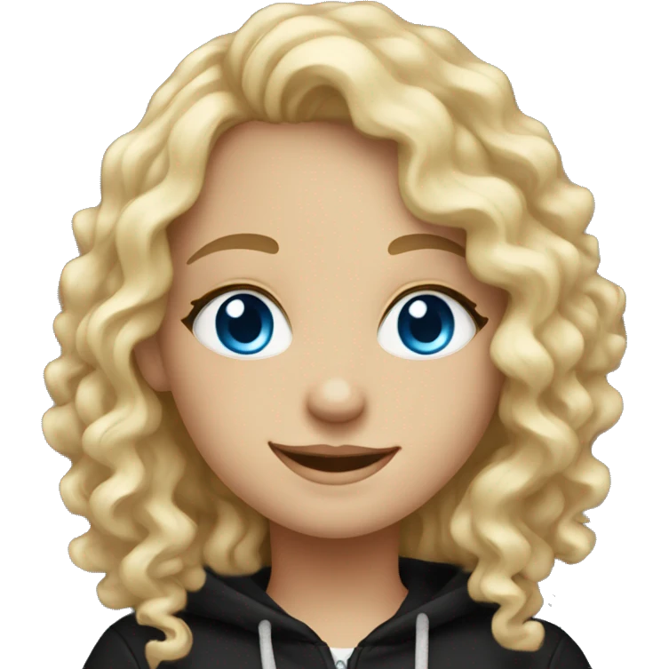 blonde curly girl with blue eyes, in black hoodie, smile emoji
