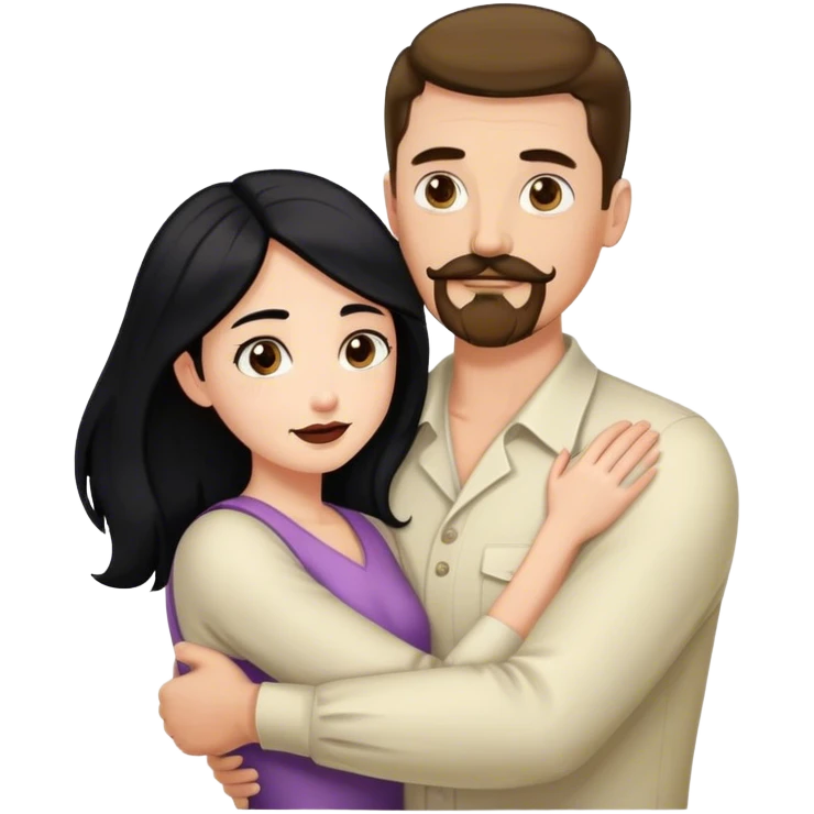 Tall white man with brown mustache goatee AND a short pale woman with long black hair, hugging emoji