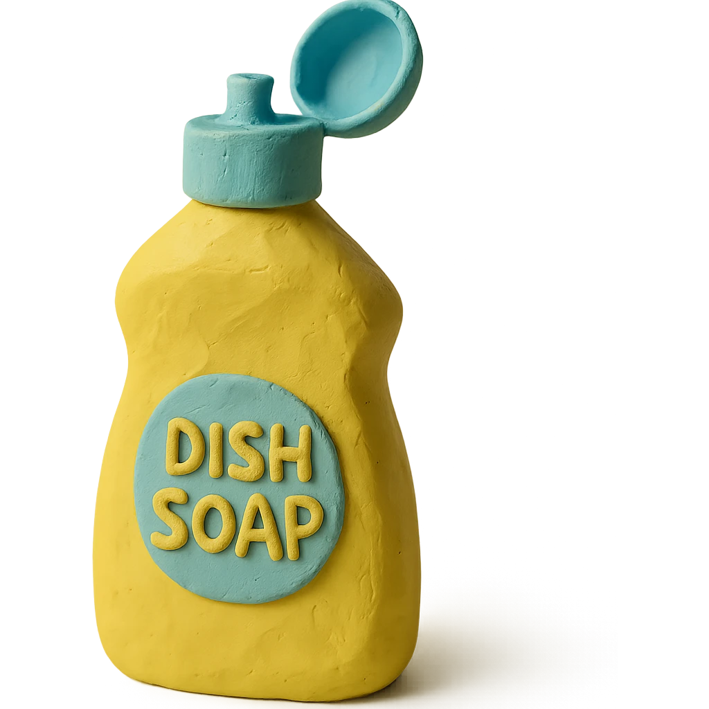 close-up of dish soap bottle in claymation style with cap open, soft lighting, pastel colors emoji