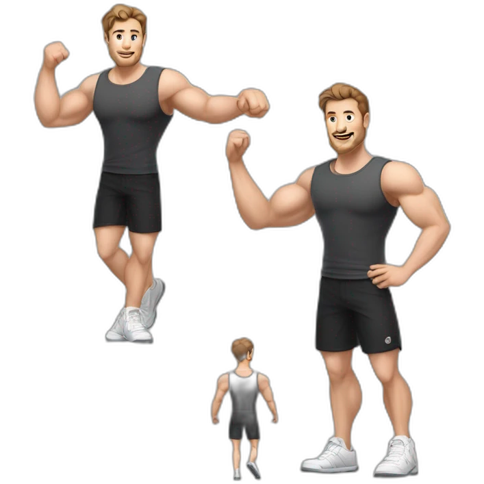 Full height realistic Actively gesturing with hands Pale skinned Fit Man With the biceps and brown hair in dark gray Sleeveless Mike, black oversize sports shorts, watch and white Sneakers emoji