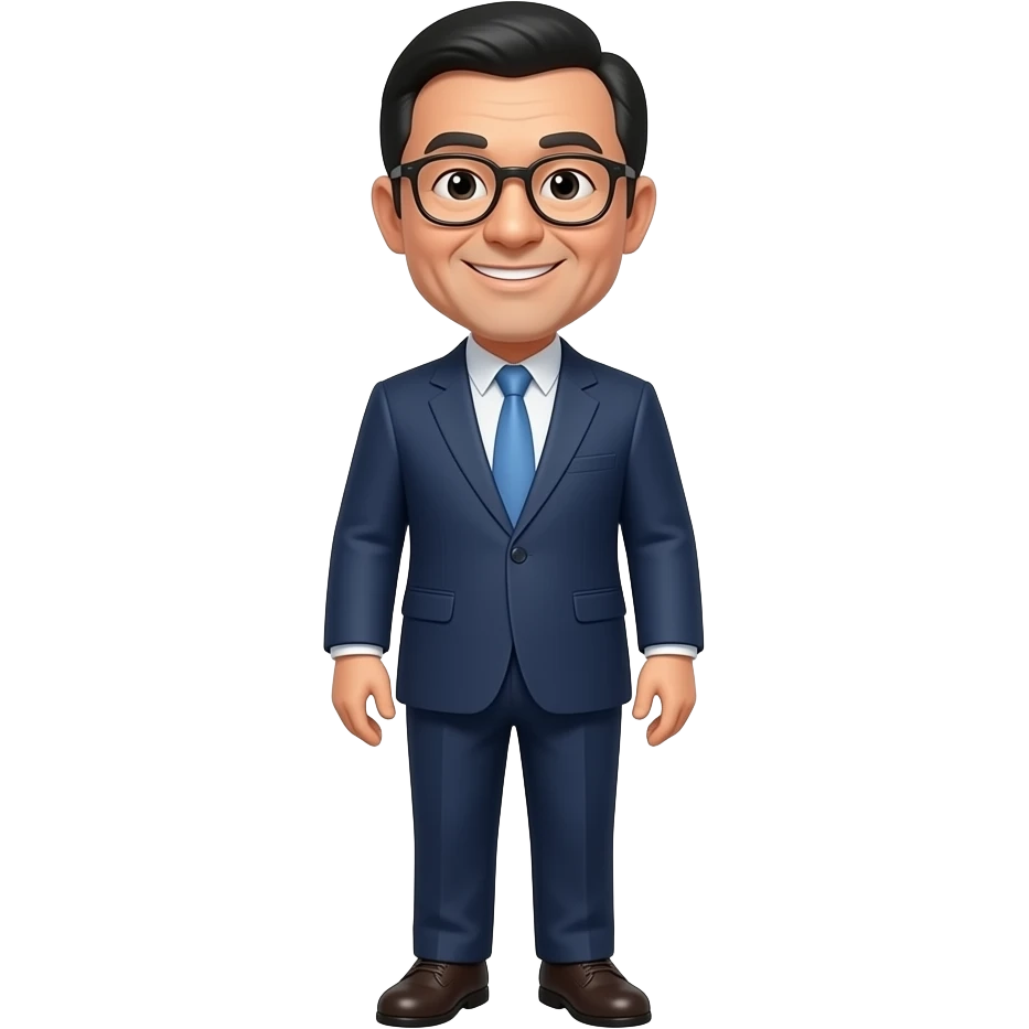 Китаец среднего возраста с очками и ухмылкой во в полный рост emoji