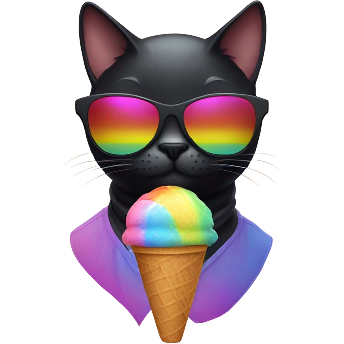 Black cat wearing sunglasses eating rainbow ice cream  emoji
