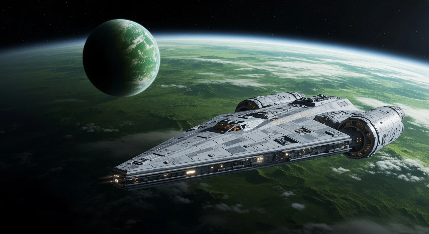 cinematic still, starship, green planet in distance, inspired by StarWars movie, captured by arri alexa  emoji