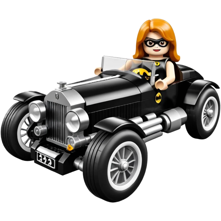 Batgirl’s Lego black Bare bones chopped streamlined sporty roadster (stripped down) hot street rodded engine sports car 1932 Rolls Royce Woody futuristic electric spaceship motors and lightning dynamos with wide racing wheels that are held strong by advanced suspension and steering emoji