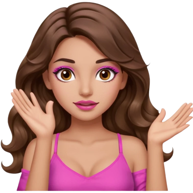 girl with long wavy brown hair, brown eyes, long lashes makeup, sexy pink lips, light to medium complexion, pink sexy top, two hands up shrugging emoji