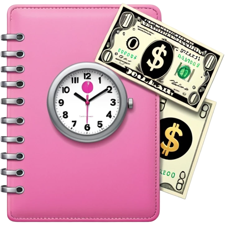 Libreta rosa, reloj blanco y un dolar emoji