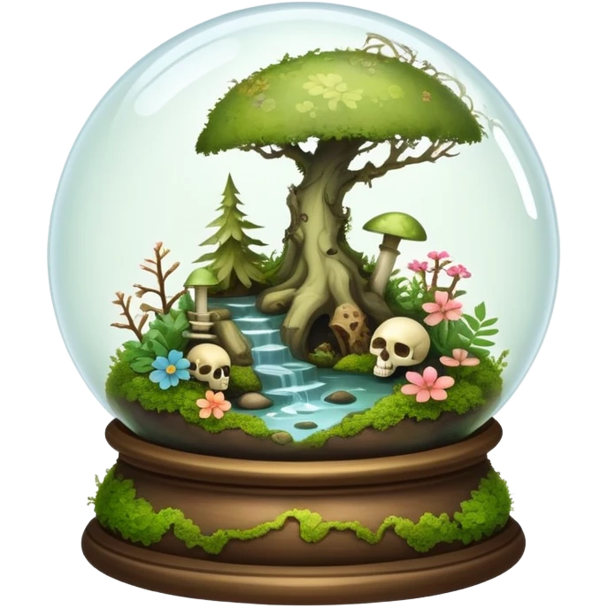 Mystical woodland glass-dome-terrarium-globe with moss inside, with bones inside, and flowers inside  emoji