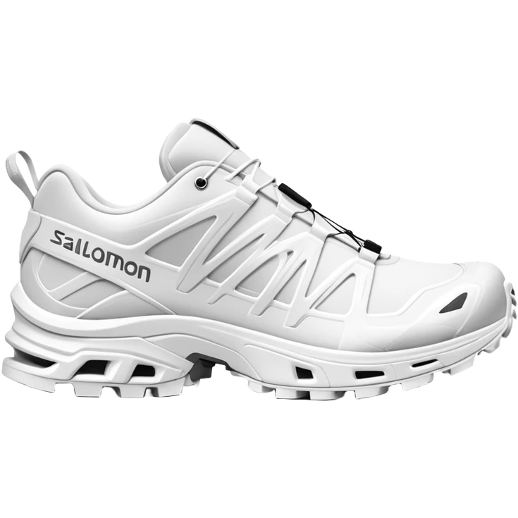 Completely all-white Salomon XT-6 shoes with no colored details whatsoever, one positioned behind the other, pure white minimalist design, iOS emoji style emoji