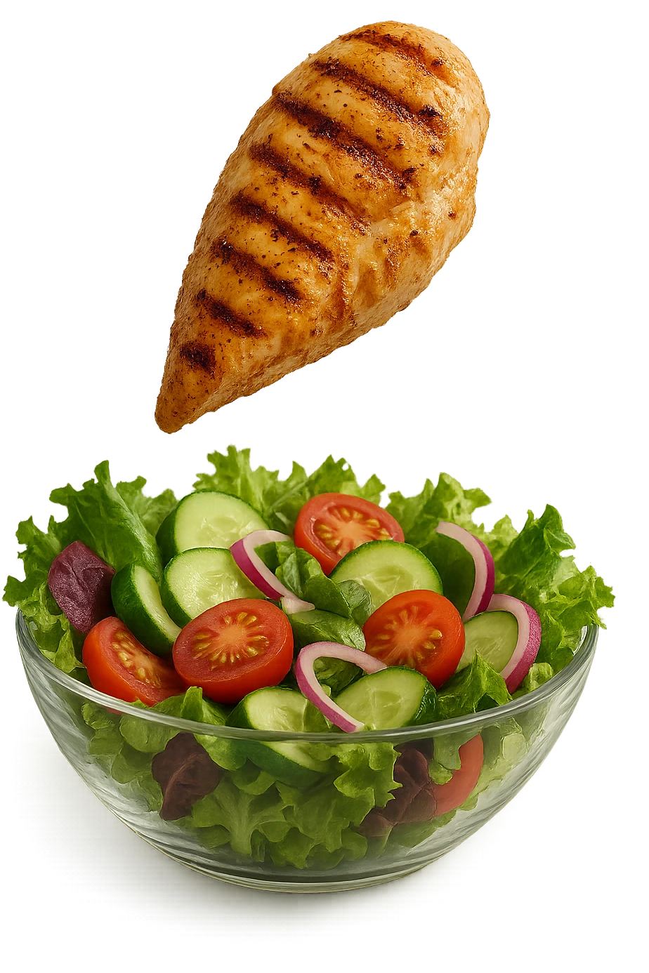 INSALATA CON PETTO DI POLLO GRIGLIATO CHE CADE DALL'ALTO, IPERREALISTICO 4K emoji