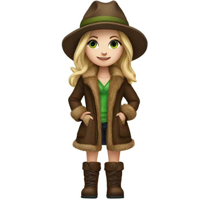 Realistic White girl with Long straight blonde hair, green eyes, tattoos, full body wearing Brown fur coat and fur hat and Brown leather boots, walking emoji