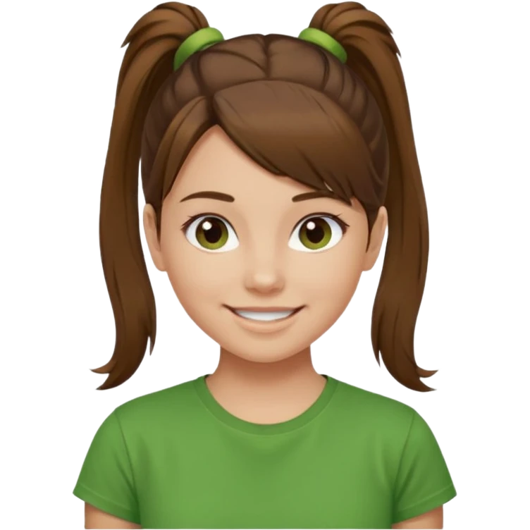 Девушка с хвостом, коричневые волосы и пряди у лица, в зеленой майке радуется, светлая кожа  emoji