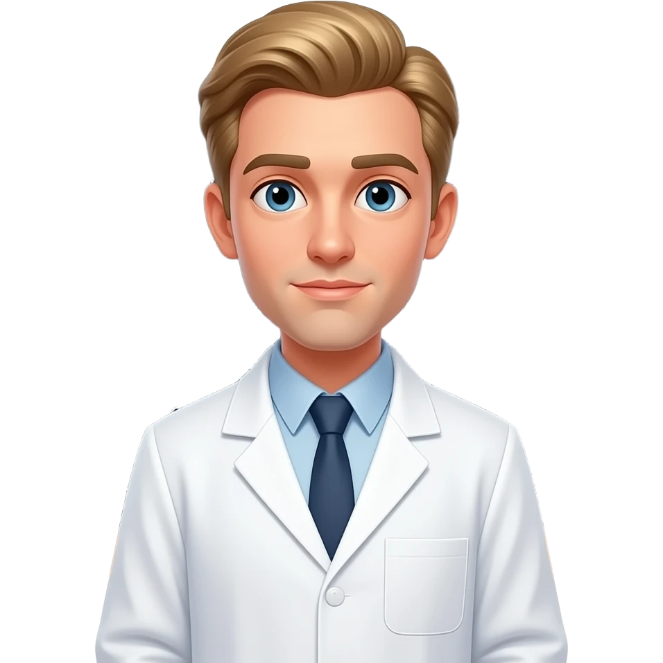 a physicist, pale skin, rich blond hair neatly combed, wearing a crisp white lab coat over a collared shirt, standing thoughtfully in front of a chalkboard covered with complex physics equations E=mc  2 , quantum mechanics emoji