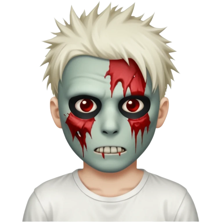 zombie boy with spiky emo hair and white shirt emoji and 

He wears an anonymous mask on half his face and has wounds on the other half. emoji