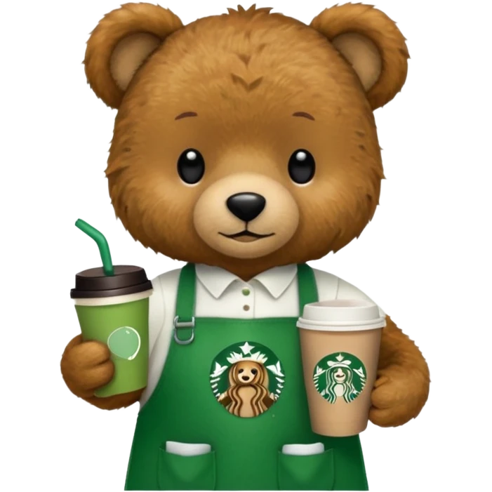 teddy bear wearing green apron with one cup of starbucks coffee emoji