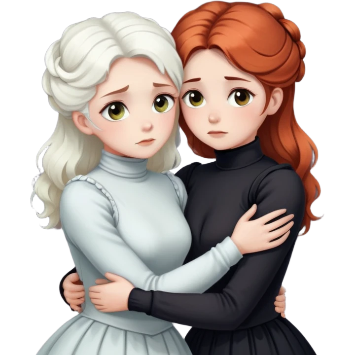 two Victorian women with light eyes, one with bright white coiffed hair and one with dark copper coiffed hair, wearing Victorian turtleneck dresses, embracing in a sad, intimate hug emoji
