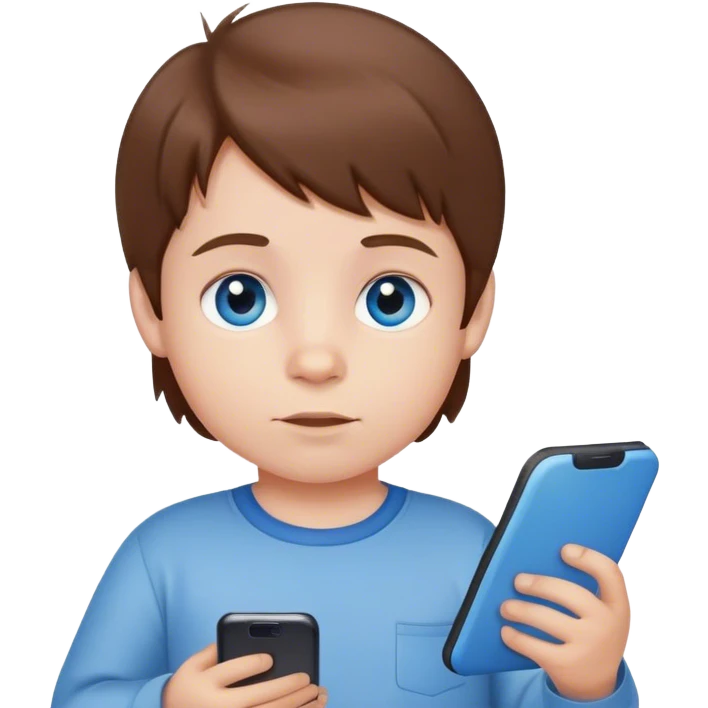 toddler boy brown hair blue eyes, whit a list and a cell emoji