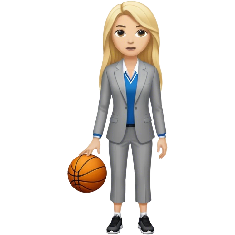 Full Body white female basketball head coach with long blonde hair in a suite emoji