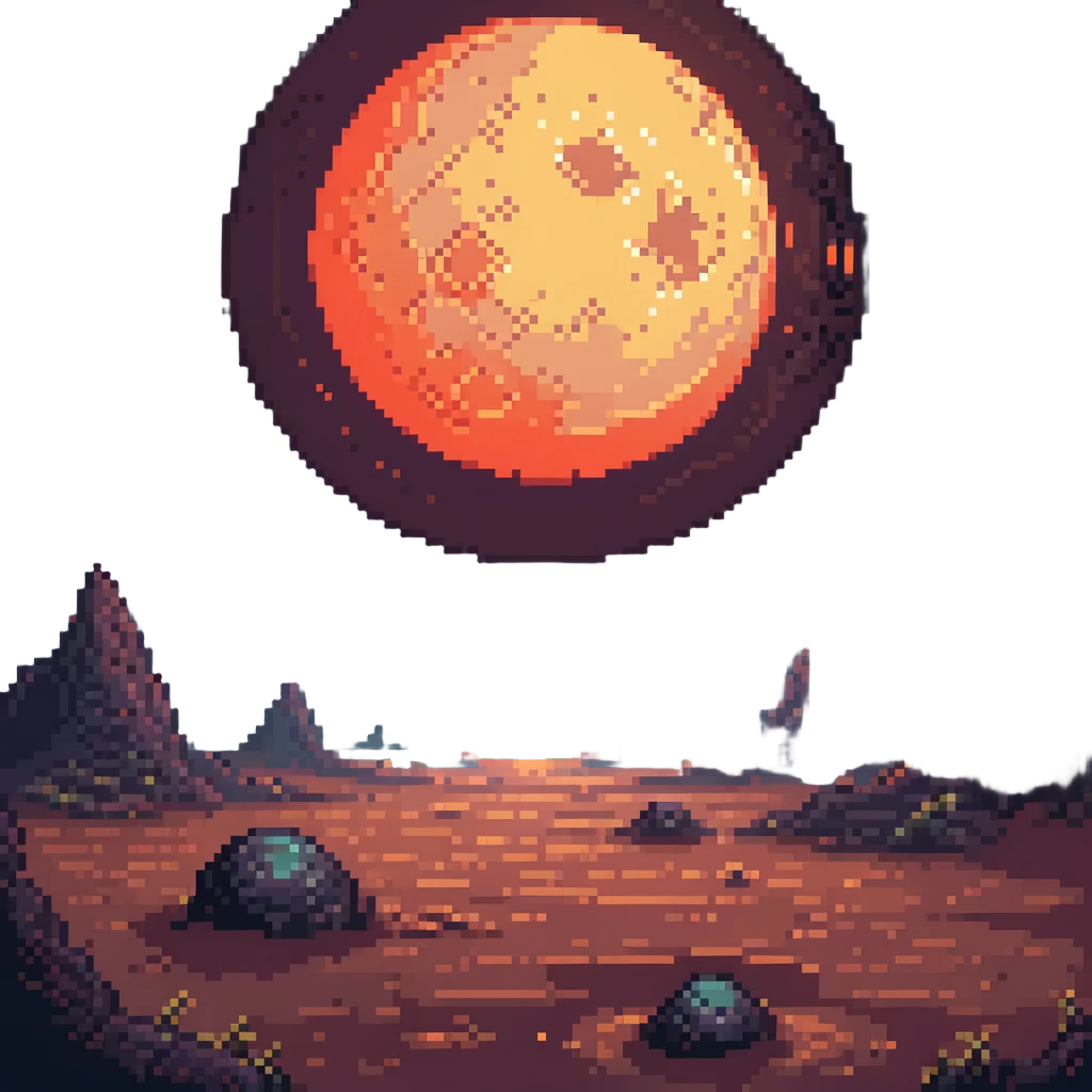 pixel art of a distant planet with craters, glowing atmosphere emoji