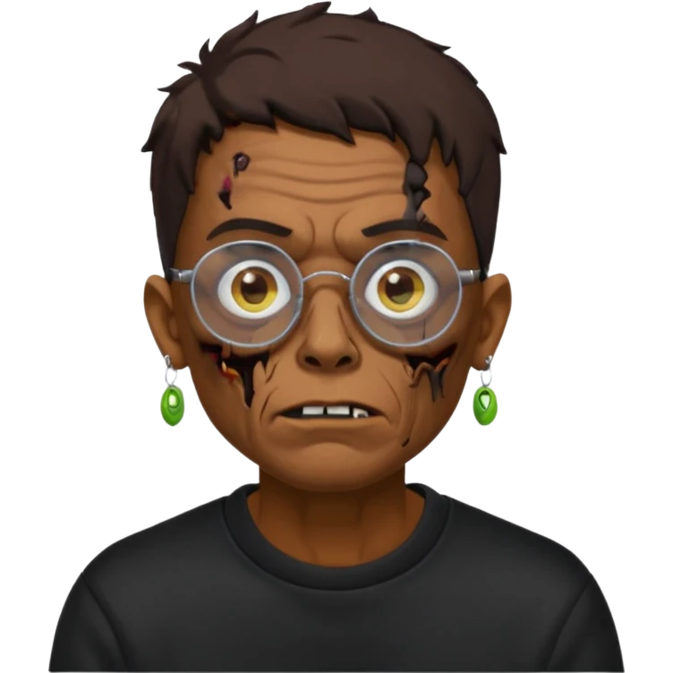 Chico moreno zombie, con gafas y sudadera negra, dos aretes en la oreja izquierda y dos en la derecha, ojeras en los ojos y emoji